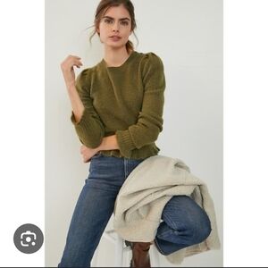 Anthropologie Drea Olive Alpaca Blend Puff Sleeve Ruffle Sweater
